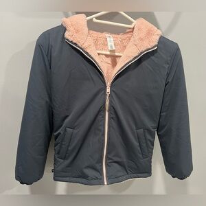 Girls Athleta reversible hooded jacket, Grey-weather proof, Pink-furry. Size 12.